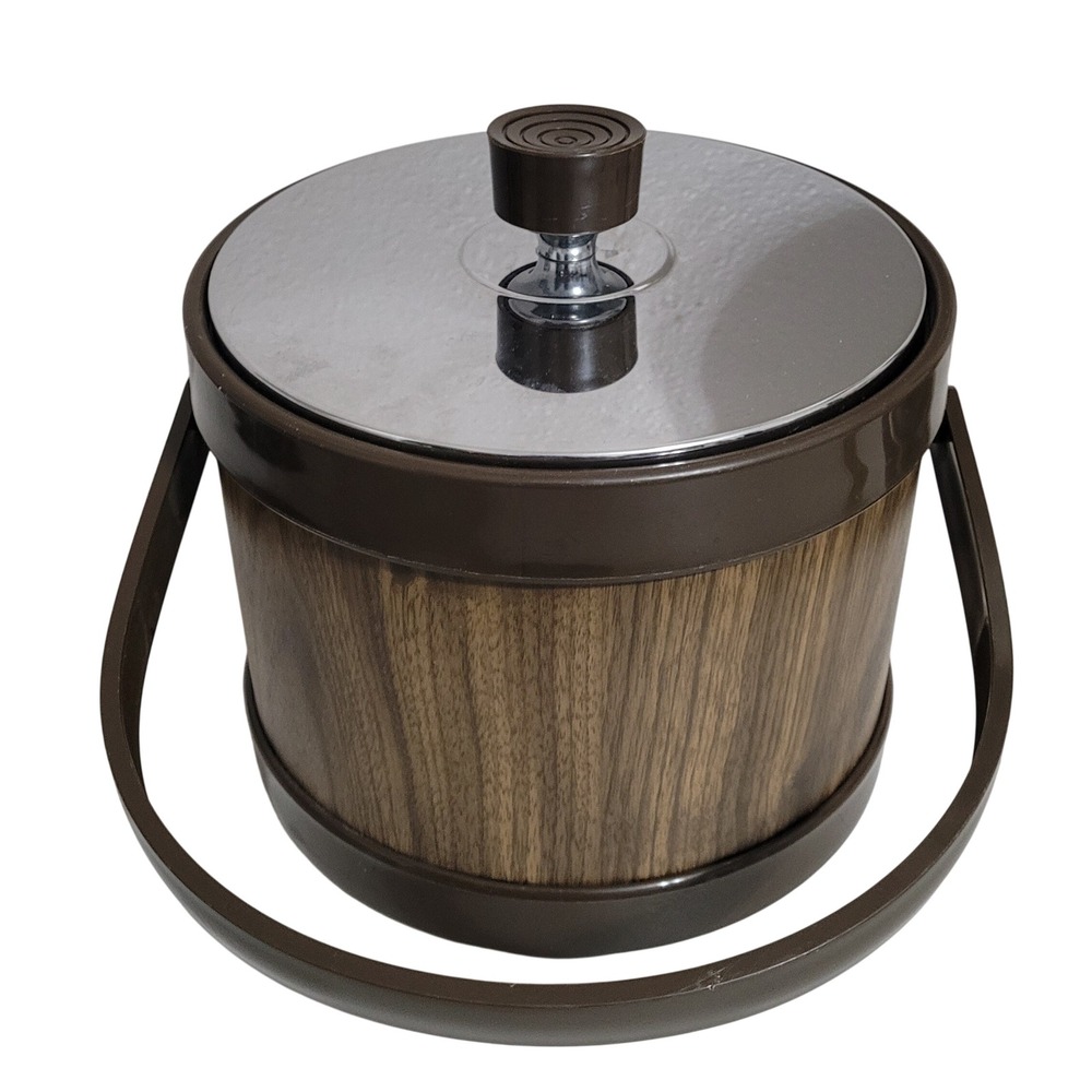 Atapco Vintage Insulated Ice Bucket Faux Wood Grain Chrome Lid Brown MCM Barware